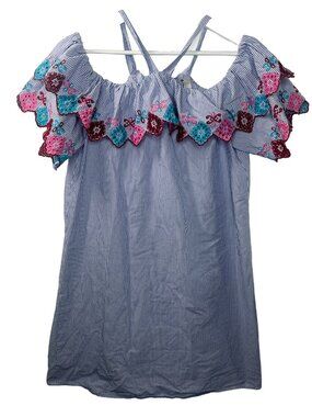 LOFT XS Blue White Stripe Off Shoulder Embroidered Dress Boho